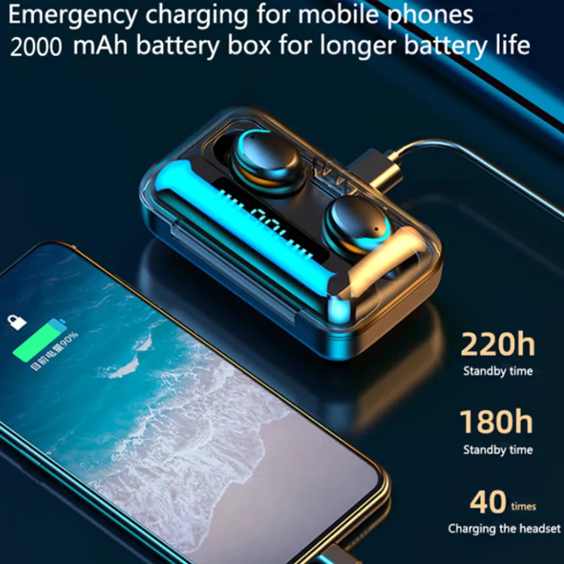 F9-5 Wireless Headphones 5c TWS Bluetooth 5.0 Earphones 9D Stereo Music Handsfree 2000mAh Charging Box With Microphone Sport Waterproof Headsets Earbuds