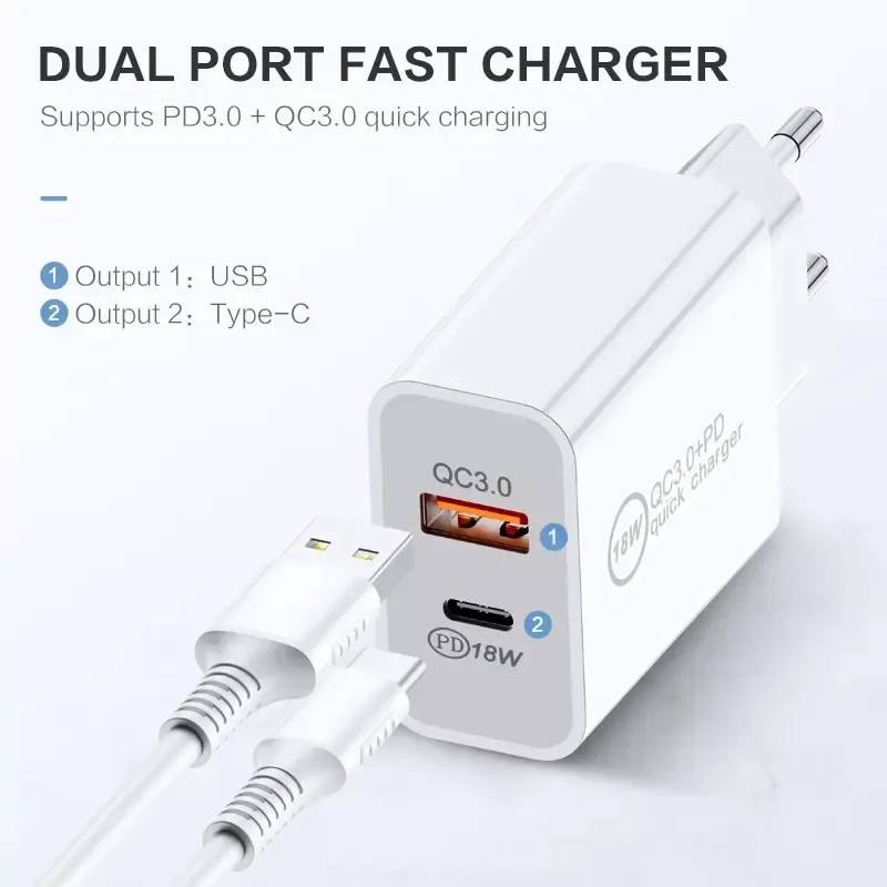 Quick Charger QC 3.0 PD 18W Type-C USB C Port EU US UK AU Plug Fast Safe Charging Adapter Wall Home Chargers