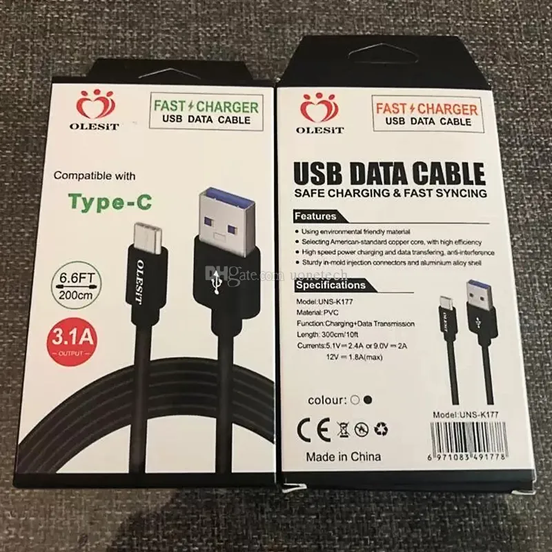 Olesit CABLES 2M 6.6FT 3M 10FT 3.1A fast charger Micro USB Data type-c cable for samsung huawei with Retail Box