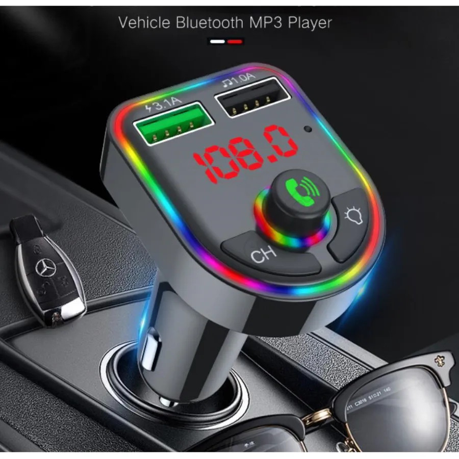 F5 F6 RGB Ambient Light Car MP3 Player Bluetooth 5.0 FM Transmitter Wireless Handsfree Car Kit with Dual 3.1A Charger