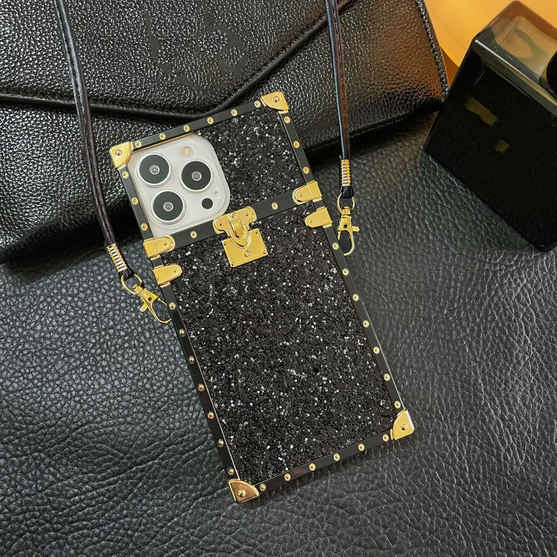 Square Box Bling Glitter Girly Soft TPU Trunk Cases Lanyard Cord Neck Strap For iPhone 15 14 13 12 11 Pro XR XS Max X 8 7 Plus Samsung S24 S23 Ultra S22 Plus S21 S20