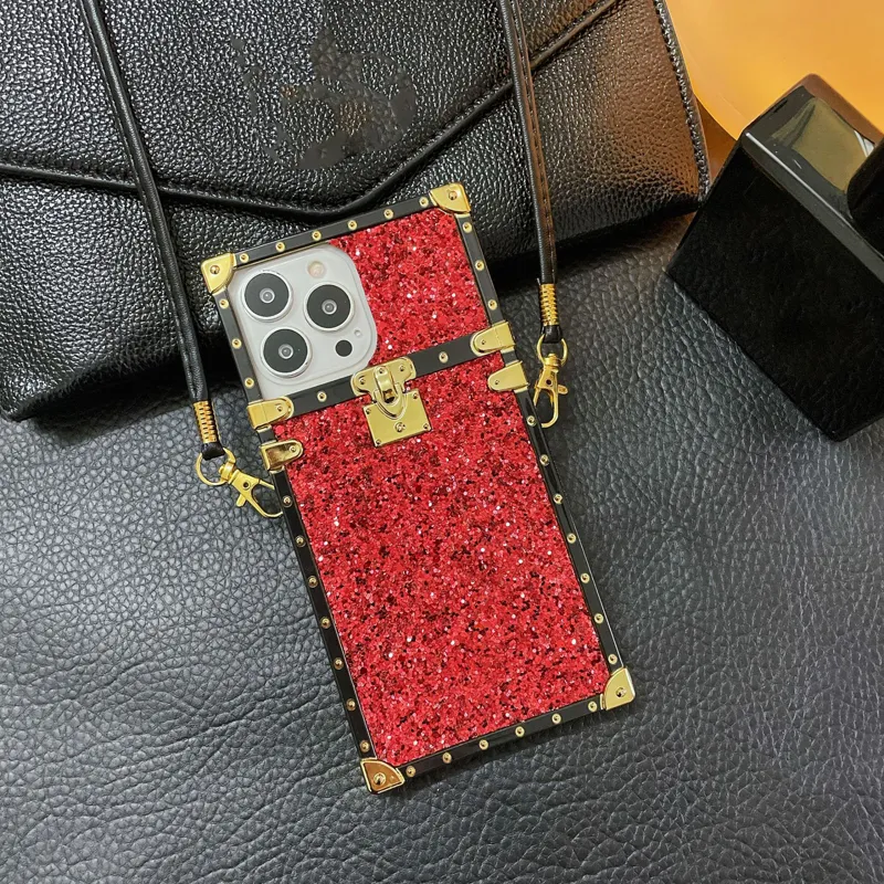 Square Box Bling Glitter Girly Soft TPU Trunk Cases Lanyard Cord Neck Strap For iPhone 15 14 13 12 11 Pro XR XS Max X 8 7 Plus Samsung S24 S23 Ultra S22 Plus S21 S20