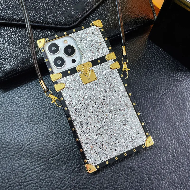 Square Box Bling Glitter Girly Soft TPU Trunk Cases Lanyard Cord Neck Strap For iPhone 15 14 13 12 11 Pro XR XS Max X 8 7 Plus Samsung S24 S23 Ultra S22 Plus S21 S20