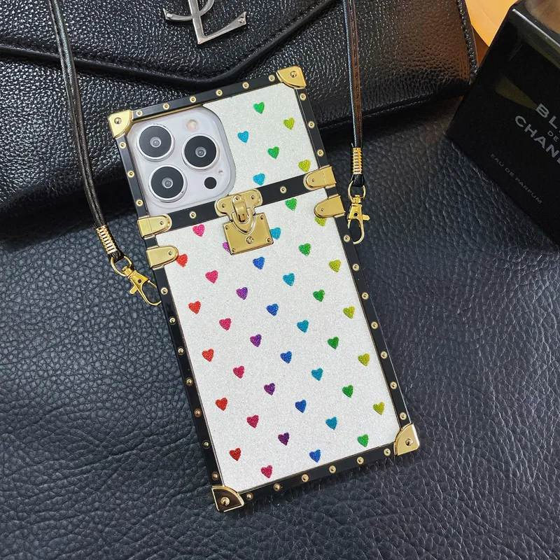 Square Box Bling Glitter Girly Soft TPU Trunk Cases Lanyard Cord Neck Strap For iPhone 15 14 13 12 11 Pro XR XS Max X 8 7 Plus Samsung S24 S23 Ultra S22 Plus S21 S20