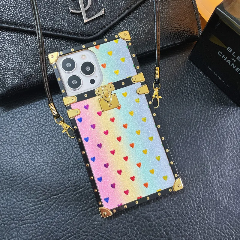 Square Box Bling Glitter Girly Soft TPU Trunk Cases Lanyard Cord Neck Strap For iPhone 15 14 13 12 11 Pro XR XS Max X 8 7 Plus Samsung S24 S23 Ultra S22 Plus S21 S20